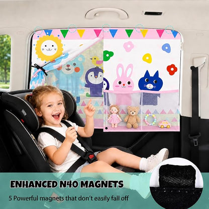 Car Window Shades for Baby, 2 Pack Magnetic Double Layer Car Sun Shade Baby with Storage Pockets, Adjustable Privacy Full & Half Shade Cartoon Pattern Window Curtains for Kids UV Protection - Image 3