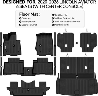 Floor Mats for 2020-2026 Lincoln Aviator 6 Seats Accessories | (with Center Console) Trunk Mat and 2nd/3rd Backrest Mat & Door Sill Guard All Weather TPE Protector Floor Liner - Image 2