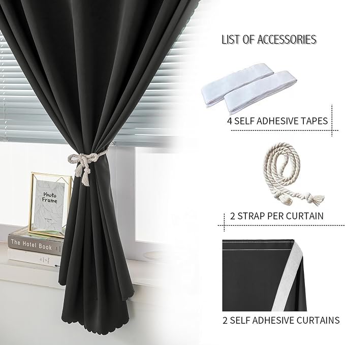 Adhesive Blackout Curtains- Self Stick Shades Window Blinds Curtains No Rod Needed Easy to Hang Curtains, Use for Bedroom, Living Room, Dining Room, Kitchen, Home Office, 47"W X 71"L, Black, 2 Panels - Image 2