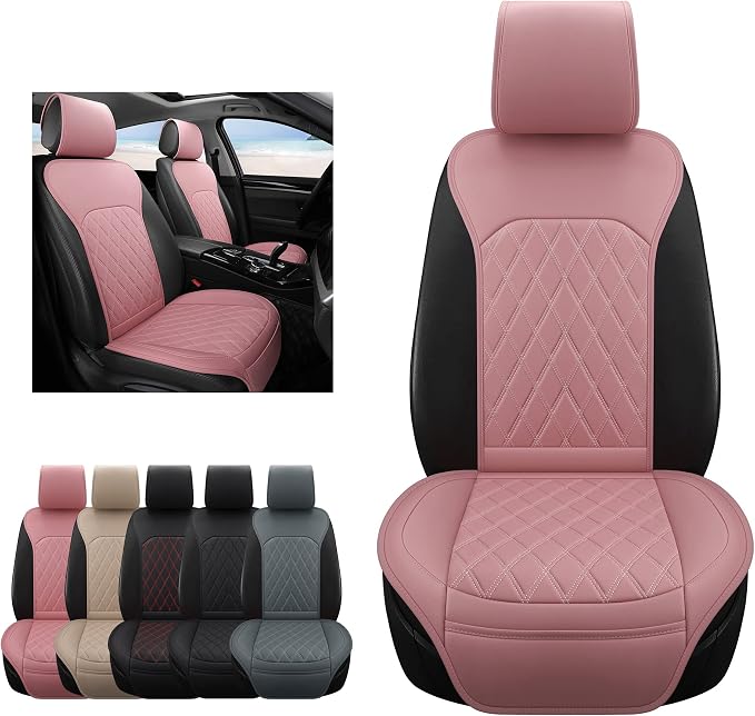 Universal Front Leather Car Seat Covers Pink 2 Pcs Luxury Seat Covers, Anti-Slip Waterproof Auto Driver Cushions Fit SUV Pickup Van Sedan, Chevy Silverado GMC Sierra Dodge Ram Tacoma Ford - Image 2