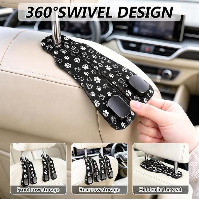 Cute Black Paw Car Seat Back Storage Headrest Hooks for Purses & Bags – 2PCS PU Leather Dual Metal Hooks, Backseat Organizer Accessories - Image 4