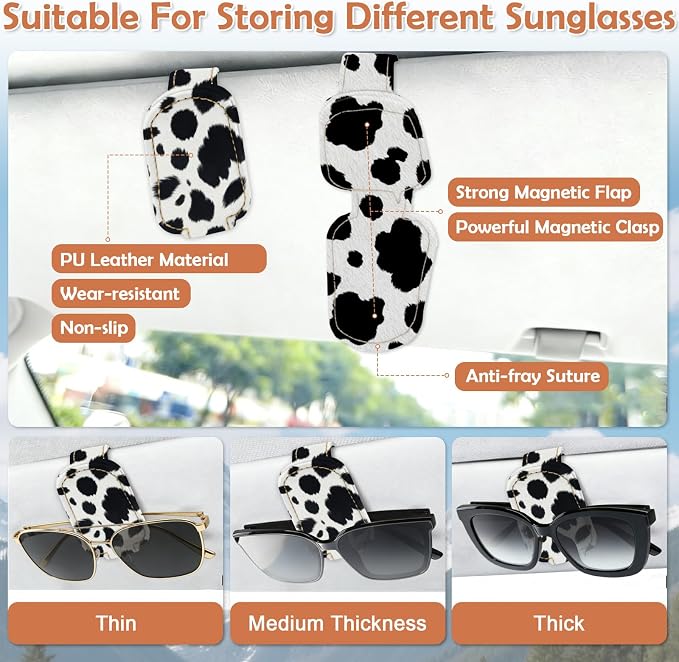 2 Pcs Sunglasses Holder for Car Visor, Black Cow Print, Leather | Strong Magnetic Sunglass Holder Hanger Clips, for Most Car Visors, Auto Interior Accessories, for Different Size Eyeglasses - Image 2