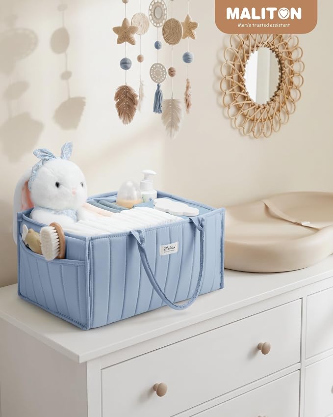 Maliton Baby Diaper Caddy Organizer with 2 Side Pockets, Portable, Blue | with Handle and Removable Dividers, Nursery Storage Basket, Car Organizer for Diapers & Wipes. Boy & Girl Shower Gift - Image 8