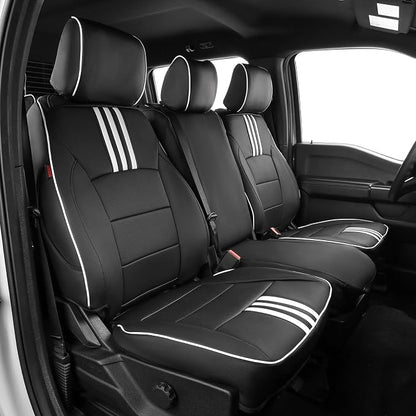 EKR F150 Seat Covers Custom Fit for (4 Door,SuperCrew) Ford F-150 STX 2024-2026 & F150 XL/XLT/Tremor 2021-2026& (Lightning) F-150 Pro/XLT/Flash 2022-2024 -Faux Leather(Black with White Trim) by EKR