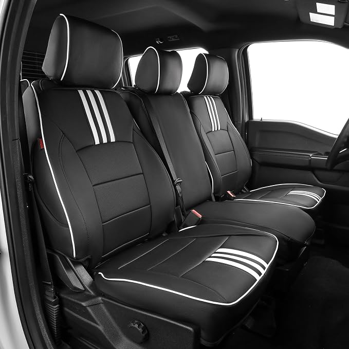 EKR F150 Seat Covers for (4 Door,SuperCrew) 2015-2020 Ford F150 & (CrewCab) 2017-2022 F250/F350/F450 SuperDuty Limited/King Ranch/Lariat/Platinum Full Set,Faux Leather(Black with White Trim) by EKR