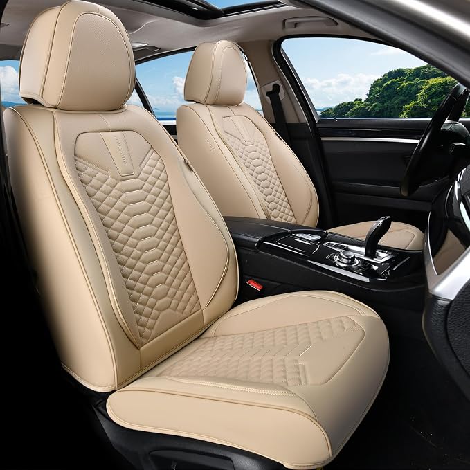 Coverado Front Seat Covers, 2 Pieces Universal Seat Cover for Cars, Breathable Nappa Leather Waterproof Car Seat Cover, Car Seat Protector, Driver Seat Cover, Auto Seat Covers Fit for Cars, Beige by COVERADOAUTO