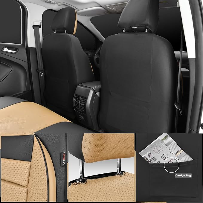 CAR PASS Faux Leather Car Seat Covers Front Seats Only, 3D Foam Support Car Seat Covers, Universal fit for Trucks Vans SUVs Sedans Automotive Comfortable, Airbag Compatible 2 Pieces Front Black Beige - Image 5
