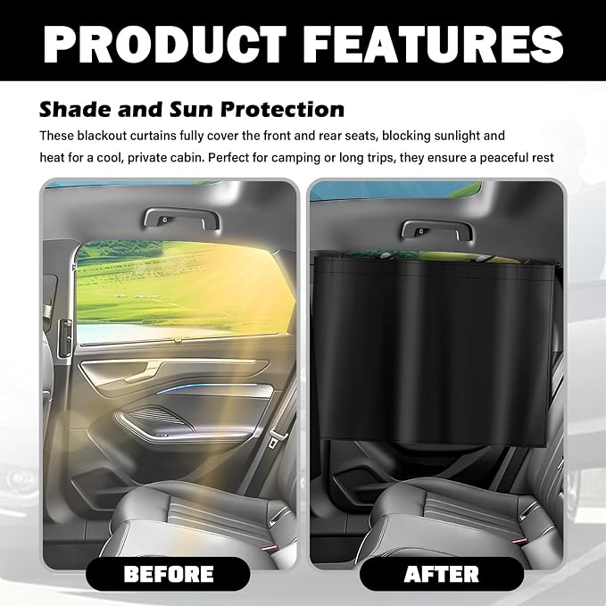 3PCS Car Privacy Curtains,Black Coated Car Window Shades Kit with Rear Window & Divider Curtain,Portable Cars Windows Curtains for Privacy and Lower Interior Temperature - Image 4