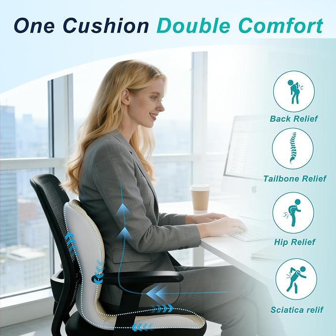 Seat Cushion for Office Chair, Ergonomic Cushion with Lumbar Support Pillow | Orthopedic Memory Foam Coccyx Cushion for Tailbone & Sciatica Pain Relief, Ideal For Office Chairs, Car Seats, Wheelchairs - Image 4