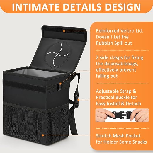Vankor Car Trash Can with Lid Leak Proof Car Accessories for Women | 3 Gallon Cute Hanging Car Trash Bin for Men Car Truck Vehicle Sedan SUV Interior Automotive Garbage Cans, Black - Image 4