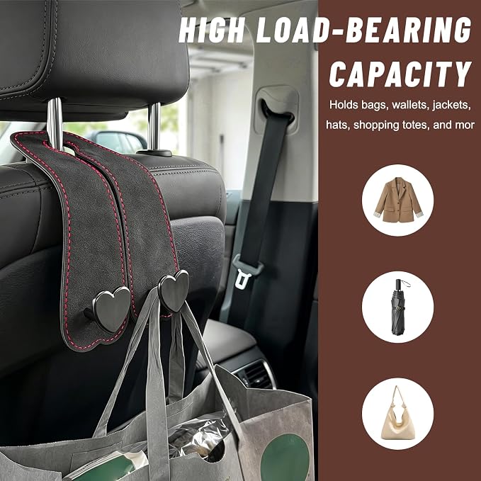 2 PCS Car Seat Headrest Hook, Cute Heart Shape Auto Seat Back Storage Hanger, Suede Double Headrest Purse Hooks Storage Organizer for Most Vehicles, Car Accessories (Black) - Image 4