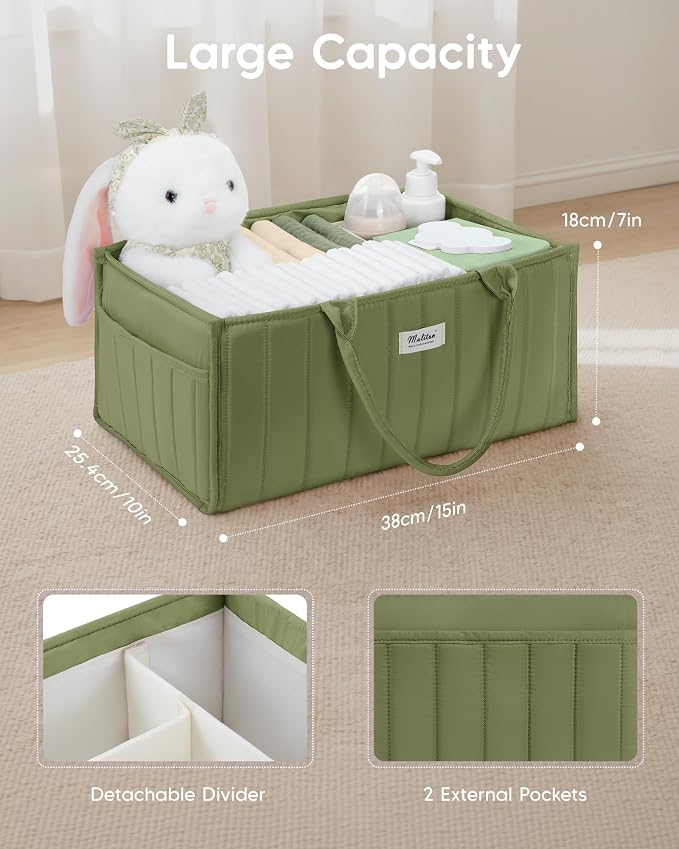 Maliton Baby Diaper Caddy Organizer for Changing Table, Green | Portable Car Diaper Organizer Caddy with 2 Side Pockets - Versatile Storage Basket for Wipes and Baby Essentials - Image 3