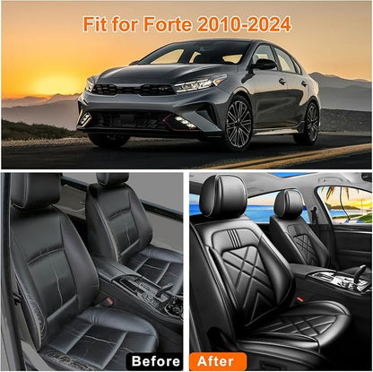 Forte Car Seat Covers Custom Fit for Kia Forte 2010-2024, Full Coverage Leather Waterproof Breathable Seat Covers Full Set, Automotive Seat Protectors, Airbag Compatible(5 Seats, Black) - Image 5