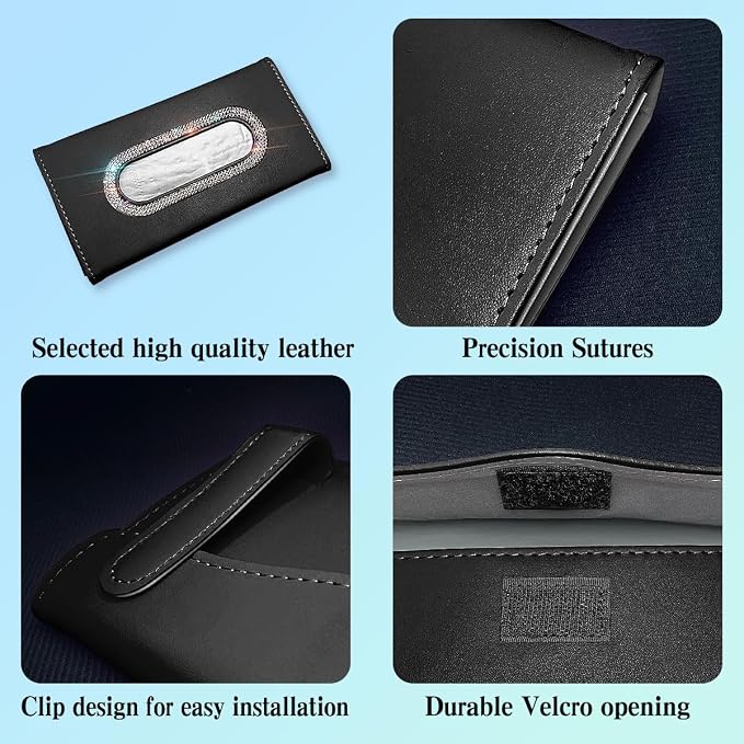 Bling Car Visor Tissue Holder, Diamond Mask Holder, PU Leather Tissue Box Holder, Wipes Case, Sun Visor Napkin Holder (Black) - Image 3