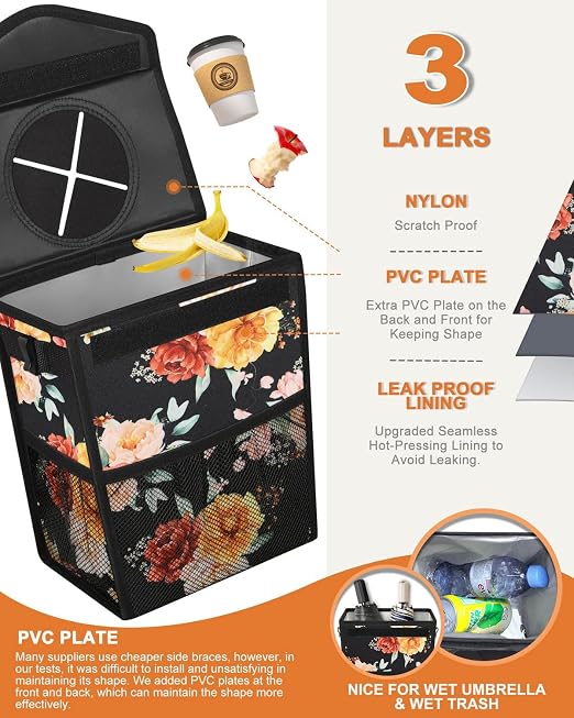 Pritent Car Trash Can with Lid Leakproof Car Garbage Bag Vehicle Trash Bin | Hanging Automotive Garbage Can,Multipurpose Car Accessories for Women Men Interior Car Storage Organizer(2 Gal,Rose) - Image 3
