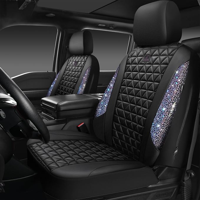 CAR PASS Bling Diamond Black Leather Car Seat Covers Full Set Interior Sets, Waterproof Shining Glitter Sparkly Crystal Armrest Fit Automotive Truck SUV Cute Women Girl, Bedazzed Iridescent Rhinestone - Image 9