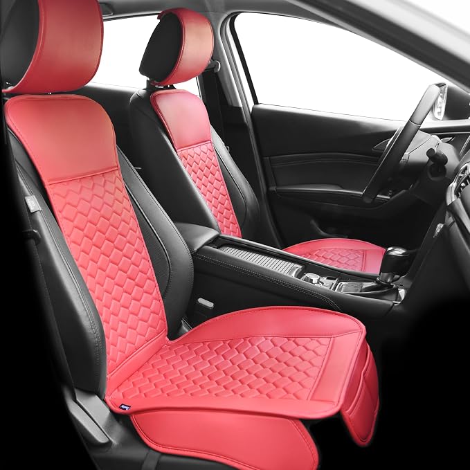 Elantrip Leather Car Seat Covers Front 2PC Waterproof Sporty Red | Bold red diamond-quilted faux leather — sporty statement with rugged protection by Elantrip