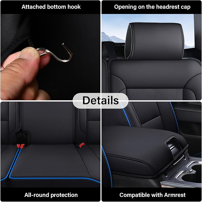 Coverado Chevy Silverado Seat Covers Full Set, Faux Leather Car Seat Covers Fit for 2014-2018 1500, 2015-2019 2500HD 3500HD Chevy Silverado GMC Sierra Crew Double Extended Cab(Blueline) - Image 7