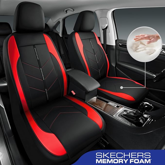 Skechers Car Seat Covers,Luxury Faux Leather Seat Covers,Waterproof Anti Slip Car Seat Protector Front Seats,Car Accessories Airbag Universal Fit for Most Cars,Vans,Trucks,SUV,Red - Image 2
