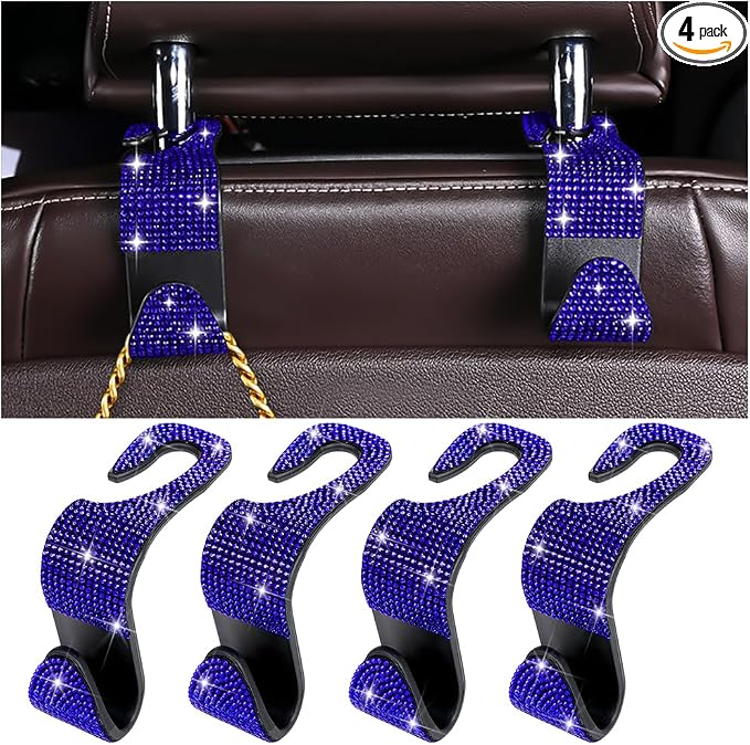 Zpana 4PCS Bling Car Seat Headrest Hooks, Vehicle Back Seat Purse Handbag Hanging Holder with Crystal Rhinestone, Diamond Storage Organizer Hook, Universal Automotive Accessories (Blue) | Vehicle Back Seat Purse Handbag Hanging Holder, Crystal Diamond ... by Zpana