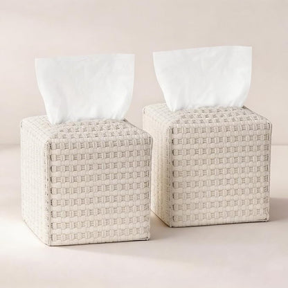 Tissue Box Cover 2-Pack, Square Tissue Holder with Bottom Belt, Modern Tissue Case Facial Paper Organizer Dispenser for Bathroom, Office, Home, Table, Car, Woven Pattern White by Avolander