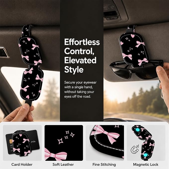 Sunglasses Holder for Car Visor, PU Leather Glasses Clip Organizer, Cute Magnetic Eyeglass Holder for Vehicle Sun Visor, Car Interior Accessory for Women & Men, Bow Hearts - Image 5