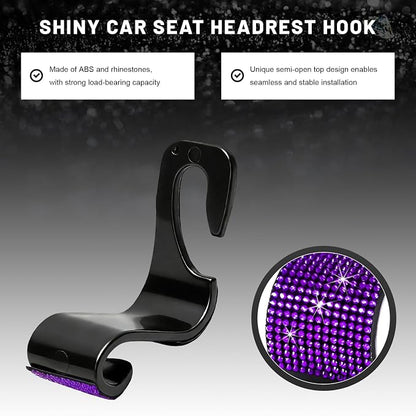 4 PCS Bling Car Seat Headrest Hooks, Sparkly Crystal Rhinestone Auto Back Seat Hanger Backpack Storage Hanger, Universal Diamond Handbag Hanging Holder for Car RV SUV Truck (Purple) - Image 3