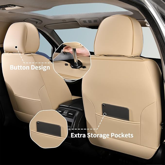 FLORICH Front Car Seat Covers, Leather Automotive Seat Covers for Cars, Airbag Compatible, Waterproof&Breathable, Luxury Car Seat Covers Fit Most Vehicles - Beige - Image 3