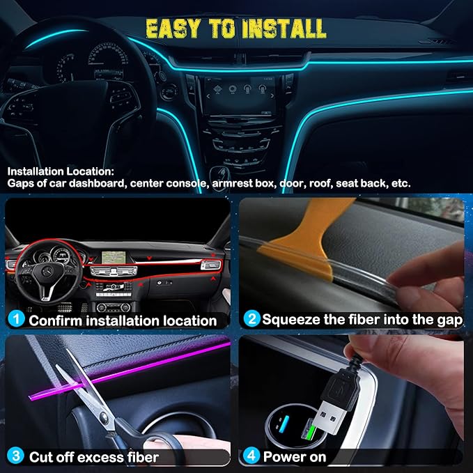 Jushope Interior Car LED Strip Lights, RGB USB Car Ambient Lighting with Wireless APP & Remote Control, Car Accessories Fiber Optifc Lights Sync to Music (2 LED/157 inches) - Image 5