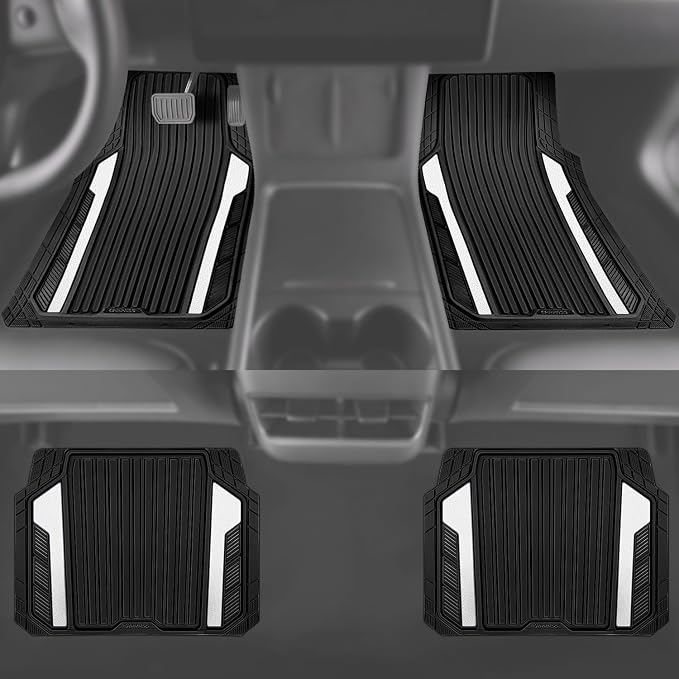 CAR PASS Heavy Duty Rubber Car Mats Metallic,Aluminum Film All Weather Floor Mats Waterproof Universal Trim to Fit SUVs Sedans Vans 4 Piece Anodized Deep Dish Two-Tone Sporty Black White Chrome - Image 5