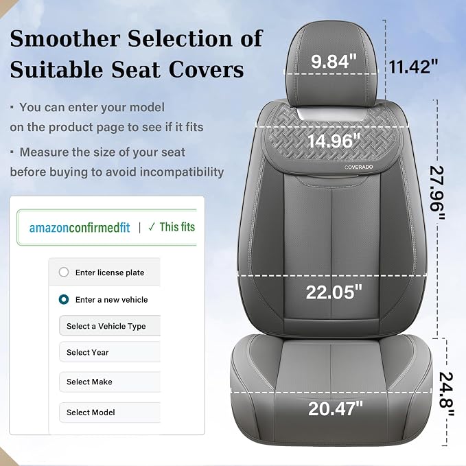 Coverado Car Seat Covers Front Seats, Luxury Nappa Leather Waterproof Seat Covers for Cars, Universal Front Seat Covers, Driver Seat Protector Automotive Interior Accessories Fit for Most Cars,(Gray) - Image 6