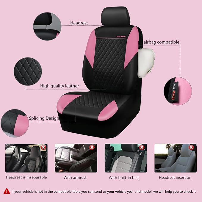 CAR PASS Pink Leather Seat Covers,Girly Quilting Pretty Cute Car Seat Cover with 5mm Composite Sponge Inside,Airbag Compatible, Universal Fit for Most Sedan,SUV,Vans(Full Set,Pink) - Image 3