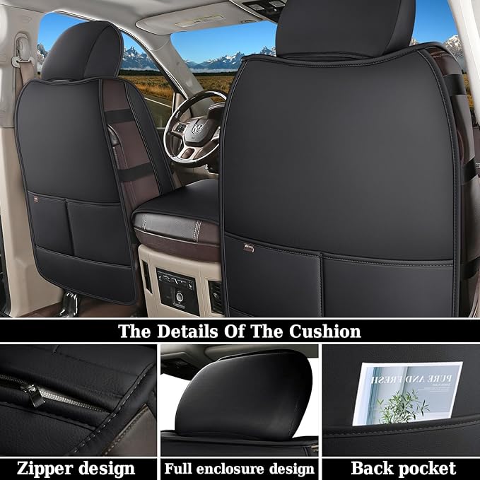 Coverado Leather Car Seat Covers, Waterproof Dooge Ram 1500 Seat Covers Compatible with 2002-2026 Dodge Ram 1500 2500 3500 with Flat Bench (Full Set, Black&Red line) - Image 2