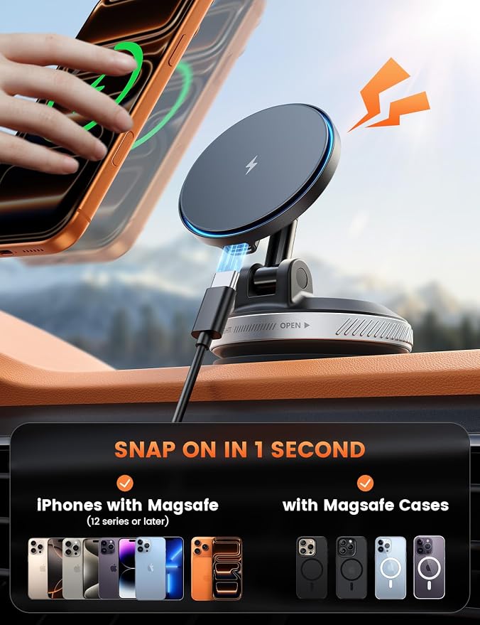 Lamicall 15W for MagSafe Car Mount Charger, 360° Wireless Car Phone Holder | Dual USB-C Ports Magnetic Phone Holder for Car, 70 LBS Vacuum Suction Phone Mount for iPhone 17 16 Pro Max Truck Jeep Silver - Image 4