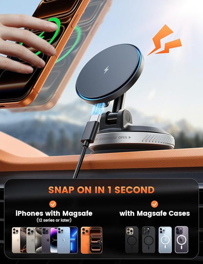 Lamicall 15W for MagSafe Car Mount Charger, 360° Wireless Car Phone Holder | Dual USB-C Ports Magnetic Phone Holder for Car, 70 LBS Vacuum Suction Phone Mount for iPhone 17 16 Pro Max Truck Jeep Silver - Image 4
