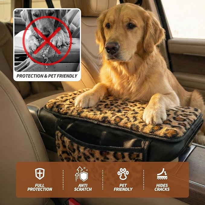 Plush Fuzzy Car Center Console Cover with Side Pockets, Leopard Print | Fluffy Armrest Cushion Pad,Soft Car Interior Accessories with Storage for Men & Women. Universal Fit for Vehicles SUV Truck - Image 6