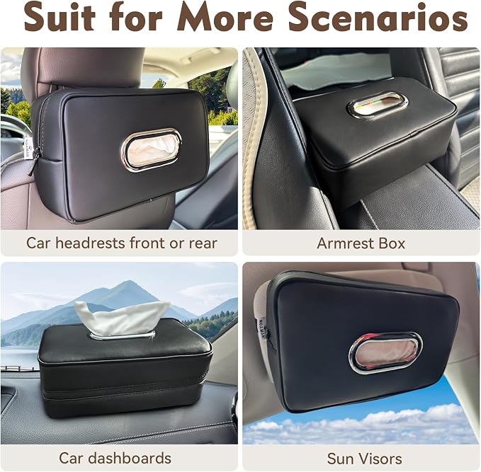 Noaman 2Pack Car Tissue Holder Leather, Car Kleenex or Napkin Holder Black | Large tissue holders for car fit 120 Kleenex boxes. Rectangular backseat napkin holder Essential car organization accessories - Image 6