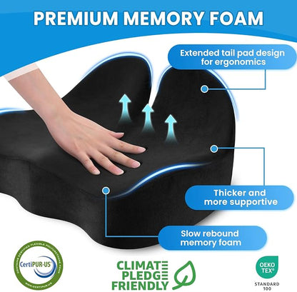 CushZone Ergonomic Seat Cushion, Sciatica Support for Office Chair, Black | Large Size for Sciatica & Hip & Tailbone Pain Relief, Memory Foam Office Chair Cushion for Car, Long Trip, Desk Chair, Lab - Image 3