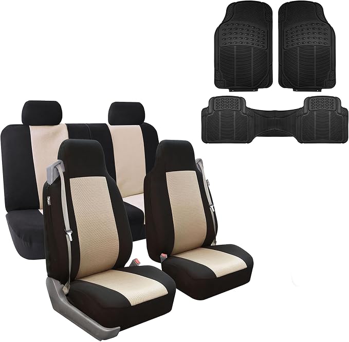 FH Group FH-FB302114 All Purpose Flat Cloth Car Seat Covers Beige/Black Color with F11306 Vinyl Floor Mats, Beige/Black Color - Fit Most Car, Truck, SUV, or Van by FHGroup