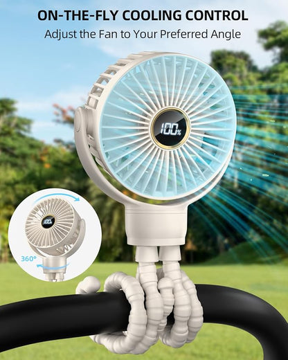 Portable Stroller Mini Fan, Small Rechargeable Personal Fan, Travel Essentials for Baby, Wagon, Car Seat, Treadmill, Battery Powered Biking Gear Accessories, 360° Rotation, 3-Speed, Display, Beige - Image 2