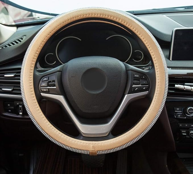 New Diamond Leather Steering Wheel Cover with Bling Crystal Rhinestones | Universal Fit 15 Inch Car Wheel Protector for Women Girls Gold - Image 4