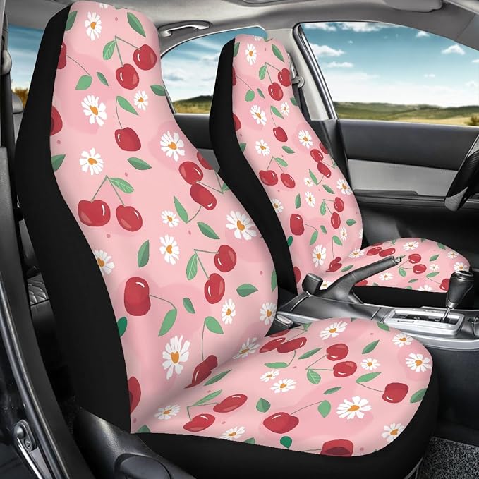Pink Cherry Print Universal Fit Front Car Seat Cover for Women Girls Stain Resistant Car Seat Covers Bucket Seat Protector Prefect for Automotive, Van, Truck, SUV Cute Daisy Fruit Pattern - Image 8