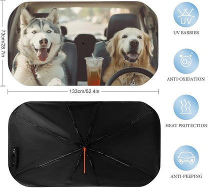 Dog Driving Car Windshield Sun Shade Umbrella, Car Windshield Sunshades Cover with 360¡ã Rotation Bendable Handle, Foldable Sun Shade for Most Vehicles - Image 3