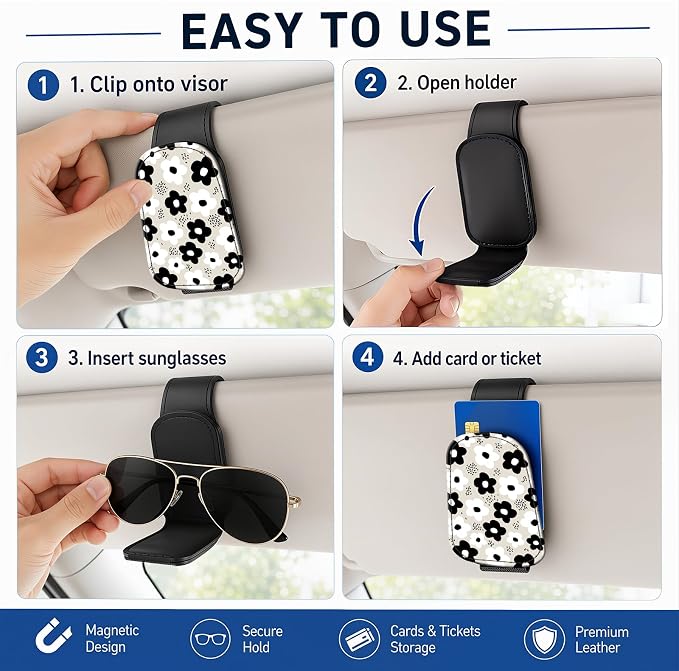 Leather Magnetic Sunglass Holder for Car Sun Visor, Cute Eyeglass Ticket Card Hanger Clip, Universal Auto Interior Accessories for SUV Pickup Truck, Black White Flower - Image 5