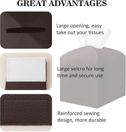 Tissue Box Cover Holder Square Tissue Cube Cover PU Leather Tissue Organizer with Bottom Belt for Bathroom, Tabletop, Car, Night Stands, Office, Home, Kitchen (1, CoffeeBrown) - Image 4