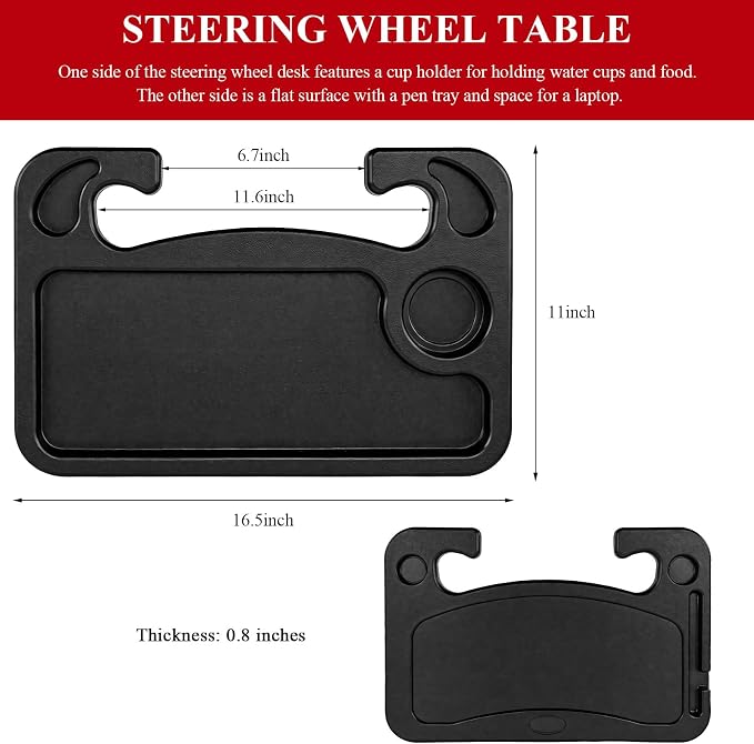 Car Steering Wheel Desk for Laptop, Auto Tray for Eating Writing | Portable Double Sided Design, with Pen and Drink Holder, for Eating Food Writing Work, Multipurpose Travel Car Accessories - Image 2