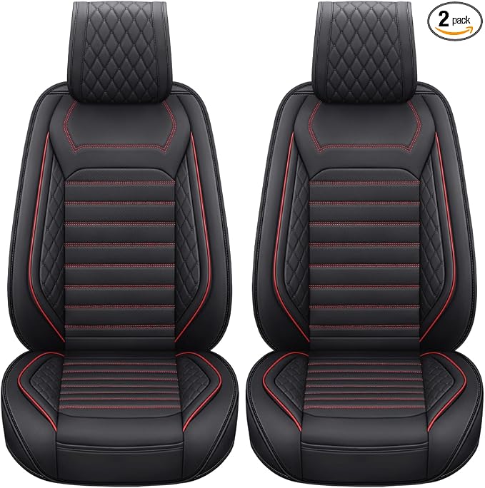 Front Seat Covers Set Universal Fit 95% Cars, Black-Red | Comaptible with Nissan Rogue Murano Maxima Kia Soul Forte Sorento Optima Honda Hyundai Buick Mazda Volvo Leather Protector by Aierxuan