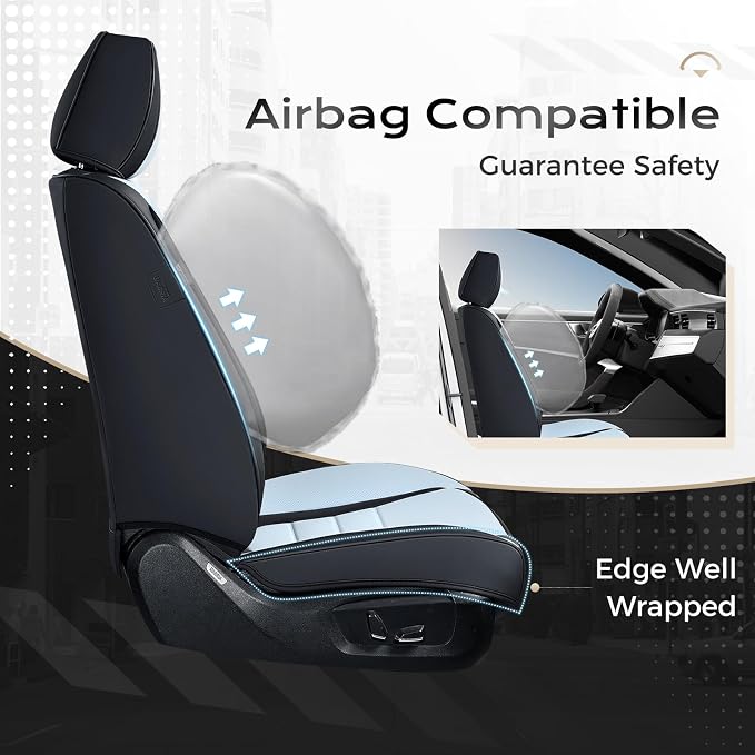 Coverado Car Seat Covers Front, Seat Covers for Cars, Waterproof 2-Pack Car Seat Cushions, Leather Carseat Seat Protectors, Universal Seat Covers Fit for Most Sedans Pick-up Trucks(Black&Light Blue) - Image 4