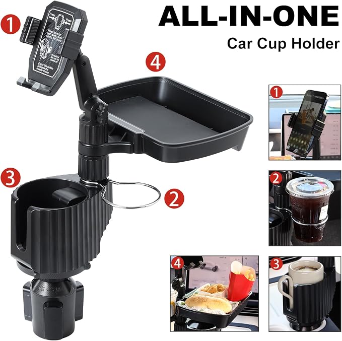 Car Large Cup Holder Expander, 4-in-1 Cupholder Extender with Phone Holder & Swivel and Detachable Snack Food Tray Table for Eating, Travel Essentials for Road Trips for Driver. Model F - Image 4