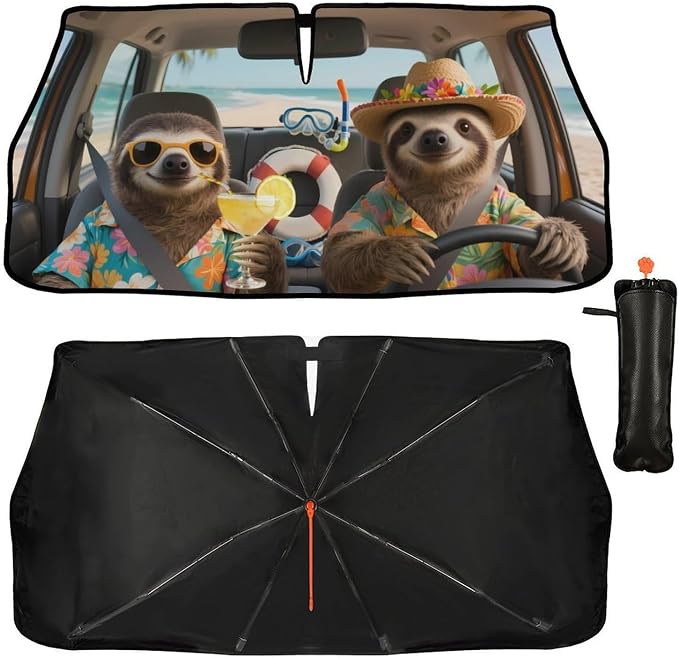 Funny Sloth Car Windshield Sun Shade Umbrella Bendable Handle Foldable Animal Print Sloth Sunshade for Car Windshield Block UV Rays Keep Vehicle Cool for Most Sedans SUV Trucks Cars 57"x30" by DOPINDU